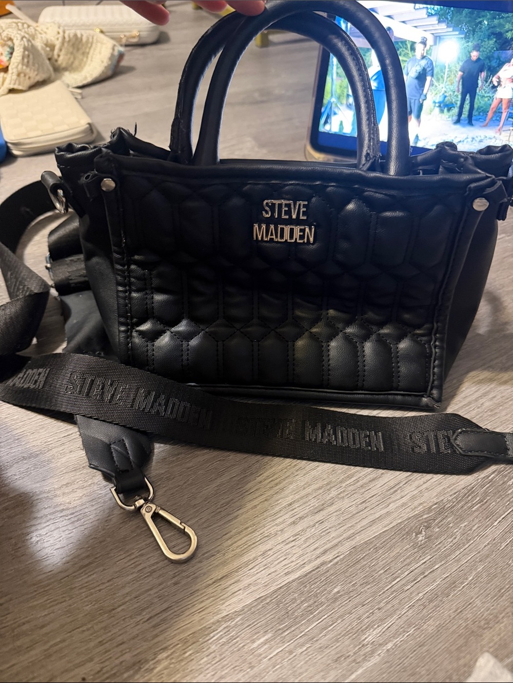 Steve Madden Black Quilted Mini Satchel with Logo Strap